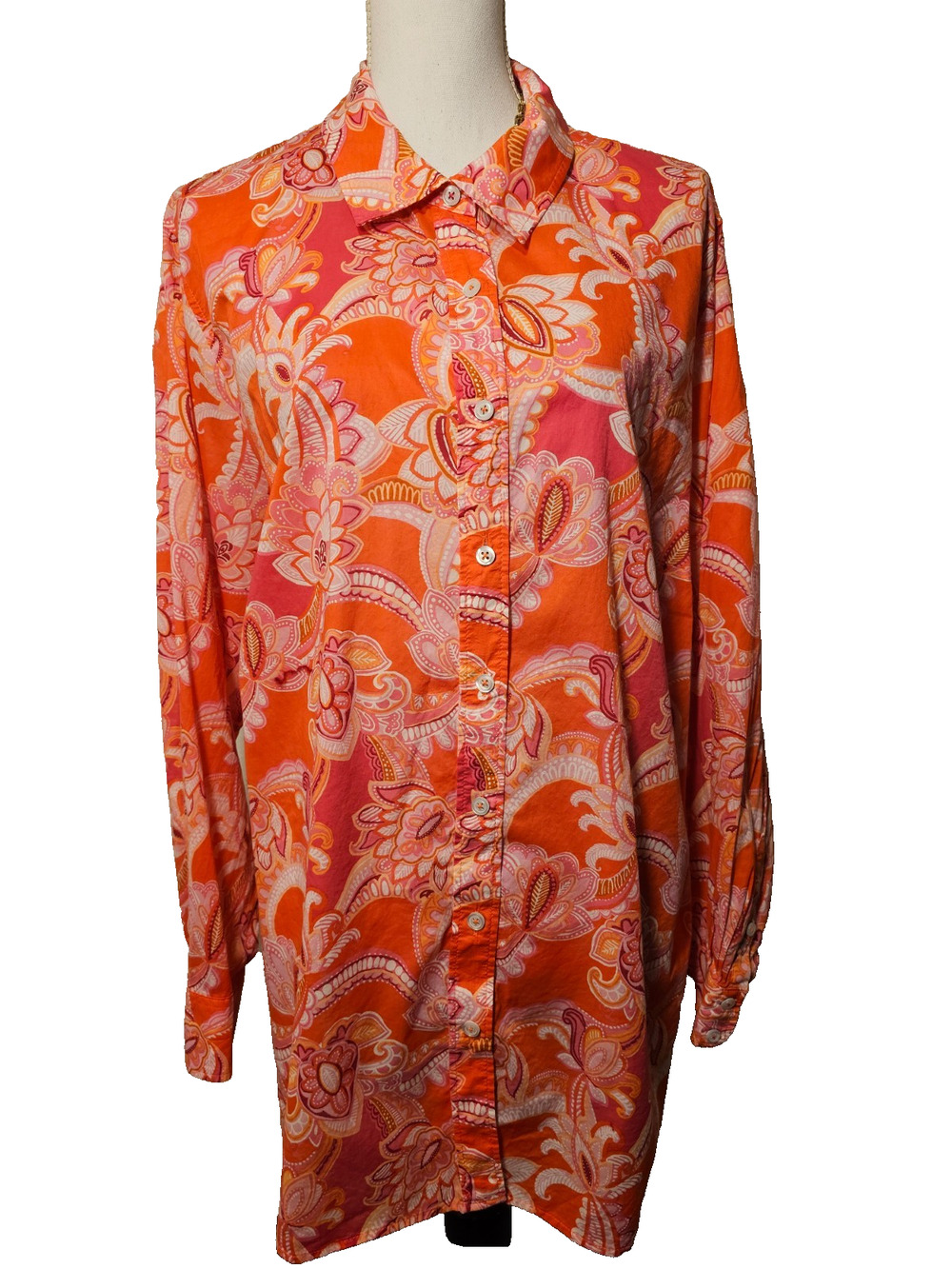 Talbots Womens Orange Floral Button Up Sheer Blouse Shirt Plus 3X Long Sleeve